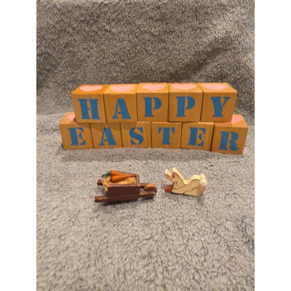 1988 Current Happy Easter Wooden‎ Blocks Hearts Tulips W/ Bunny And Cart